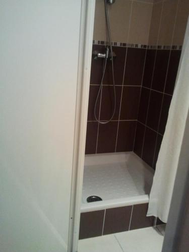 La salle de bains est pourvue d'une douche et de carrelage brun. dans l'établissement Pacéenne, à Pacé
