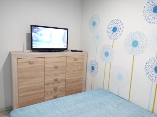 sypialnia z telewizorem i niebieskimi kwiatami na ścianie w obiekcie квартира-студия в центре w Chmielnickim