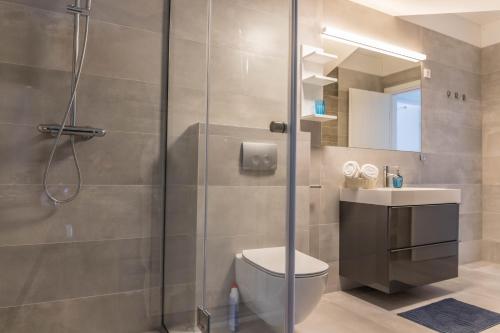 a bathroom with a shower and a toilet and a sink at Apartment Di Blu in Novi Vinodolski