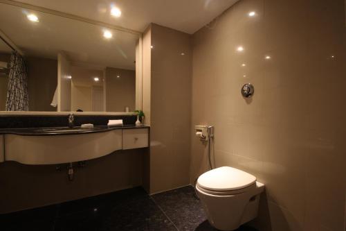 a bathroom with a toilet and a sink and a mirror at Minerva Grand Secunderabad in Hyderabad