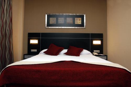 1 dormitorio con 1 cama grande y 2 almohadas rojas en Hotel Andalussia, en Conil de la Frontera