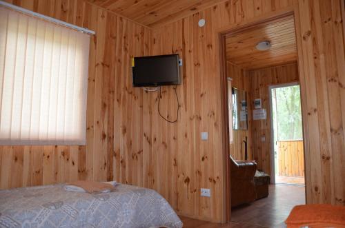 um quarto com uma cama e uma televisão na parede em Pelican City em Vylkove