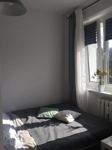 een bed in een slaapkamer met een raam bij Apartament la mar in Sopot