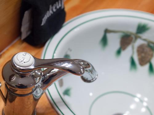 a close up of a water faucet next to a plate at Blackberry Inn in Camden