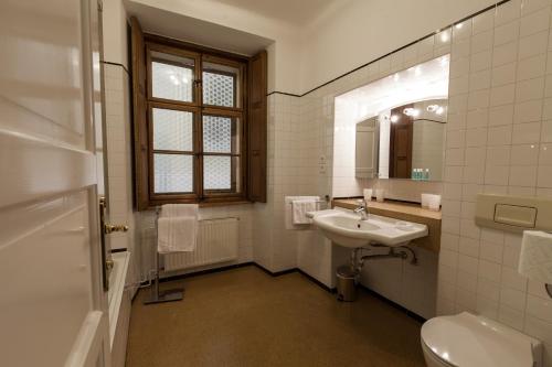 een badkamer met een wastafel, een toilet en een spiegel bij River and Castle View Apartment Rose Tour As Ljubljana in Ljubljana