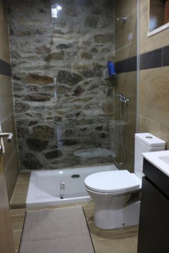 a bathroom with a toilet and a stone wall at Casa do Poço - Douro in Peso da Régua
