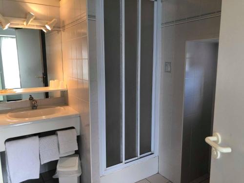 サン・シェリー・ドブラックにあるHôtel des Voyageursのバスルーム(シンク、鏡、シャワー付)