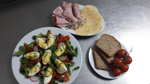 zwei Teller mit Fleisch, Gemüse und Brot in der Unterkunft DOMKI w Zaciszu in Ruś