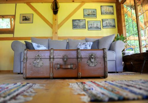 a trunk sitting on the floor in front of a couch at Treehouse Resnice -Mrežnica in Barilović