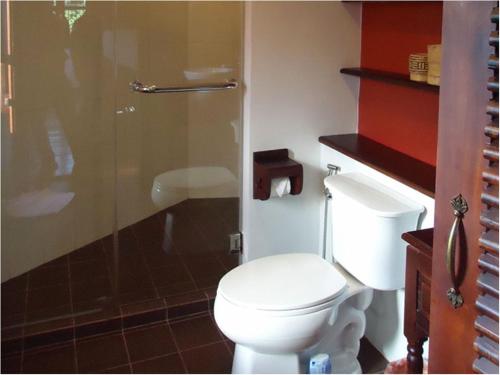 a bathroom with a toilet and a glass shower at Luang Prabang Nagara Villa River View in Luang Prabang