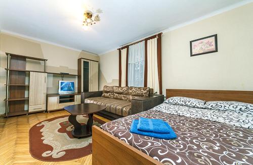 een woonkamer met een bed en een bank bij ЦЕНТР,1К КВАРТИРА М.КЛОВСКАЯ in Kiev