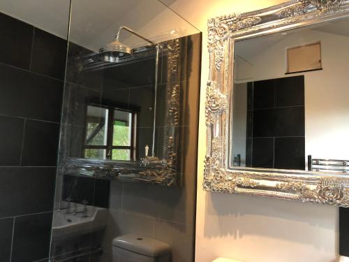 La salle de bains est pourvue d'un miroir et d'un lavabo. dans l'établissement Faraway Follies, à Llandegla