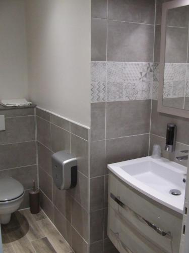a bathroom with a sink and a toilet at Le Sarac Hôtel in Clermont-lʼHérault