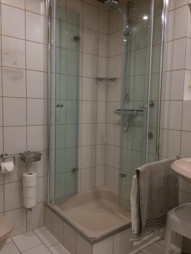 a bathroom with a shower and a tub and a sink at Ferienwohnung Bachem in Hürtgenwald