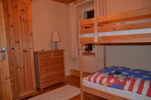 a bedroom with a bunk bed and a dresser at FEWO natuerlich-wolf in Königstein an der Elbe