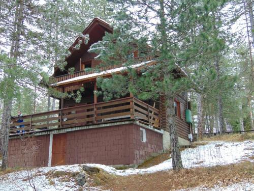 una casa del árbol en el bosque con nieve en el suelo en Tarski dom, en Zaovine