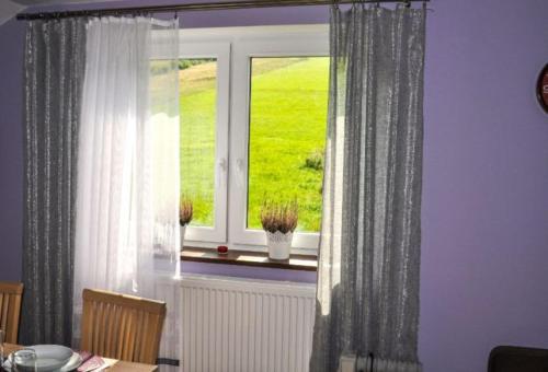 a room with a window with curtains and a table at Nocleg w Małastowie in Małastów