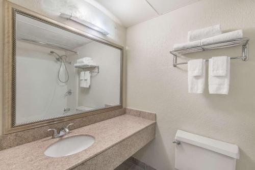 a bathroom with a sink and a mirror and a toilet at Baymont by Wyndham Kokomo in Kokomo