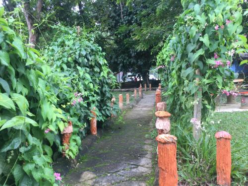 a garden with pink flowers and a fence at Happy Paradise in Kampung Janda Baik
