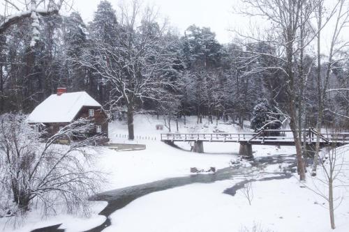 a snow covered yard with a bridge and a house at Viesu māja Sprīdīši in Tērvete