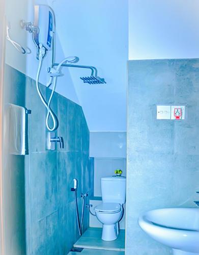 a bathroom with a shower with a toilet and a sink at Villu Villa in Anuradhapura