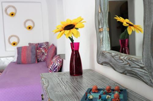 a vase with a flower on a table in front of a mirror at Aqua & Terra Traditional Cave Houses in Oia