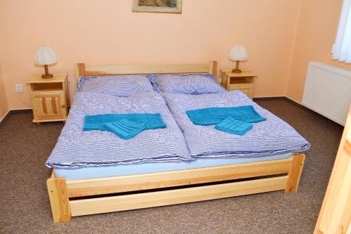 Una cama con dos almohadas azules encima. en U Slunecne brany, en Františkovy Lázně