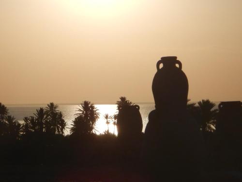 a vase sitting on top of a fence with the sunset at Menzel Churasco Djerba in Aghīr