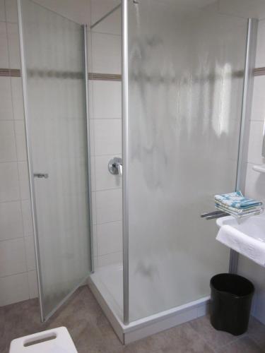 a shower with a glass door in a bathroom at Gasthof Rodachtal mit Gästehaus Katharina in Schwarzenbach am Wald