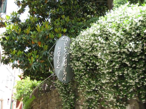 a sign hanging from a bush with white flowers at Hotel La Colonnina in Monterosso al Mare