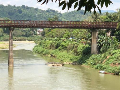 a bridge over a river with elephants in the water at Moonlight Champa Riverview in Luang Prabang
