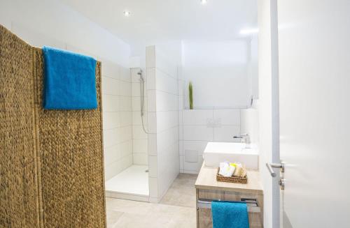 a bathroom with a shower and a sink at Apartments by Intermezzo in Albstadt