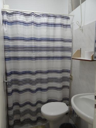 a bathroom with a shower curtain and a toilet at Roma Hotel in Porto Alegre
