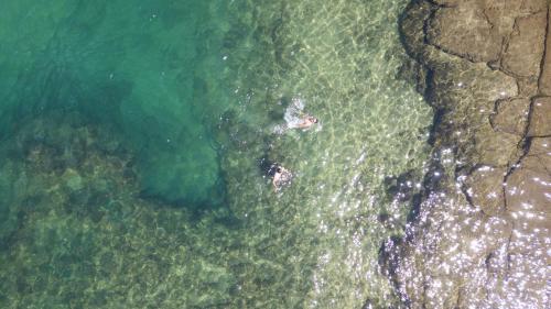 two people swimming in the water near the shore at Naara Eco Lodge & Spa in Chidenguele