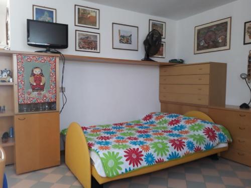 ビビオーネにあるCondominio Mariellaのベッドルーム(ベッド1台、ドレッサー、テレビ付)