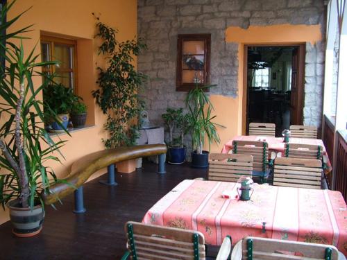 a row of tables and chairs in a room with plants at Cross-Country-Hotel Hirsch in Sinsheim
