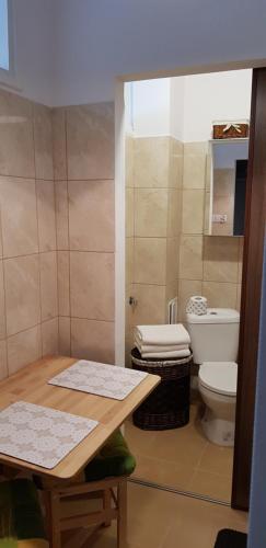 uma pequena casa de banho com um WC e uma mesa em Apartament Aga1 em Oświecim