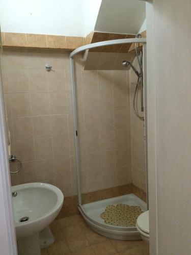 a bathroom with a shower and a toilet and a sink at Villa Irene in Vieste