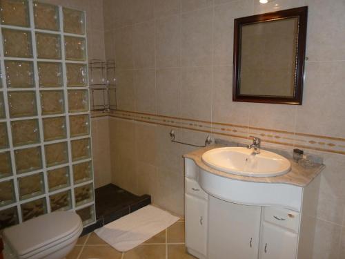 een badkamer met een wastafel, een toilet en een spiegel bij Oceanic Apartment in Caniço