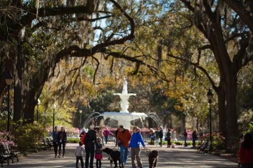 a group of people walking their dogs in front of a fountain at River Street Inn in Savannah