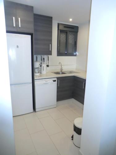 a kitchen with a white refrigerator and a sink at Casas Holiday - Oasis Beach in Playas de Orihuela
