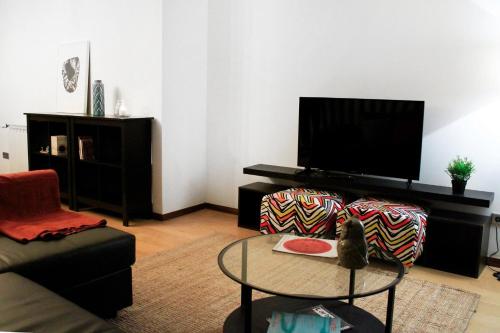 a living room with a couch and a tv at Caldas do Gerês Apartment in Geres