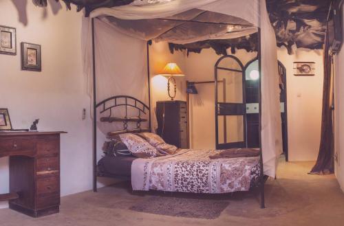 a bedroom with a canopy bed with a mirror at Le Karite Bleu in Ouagadougou