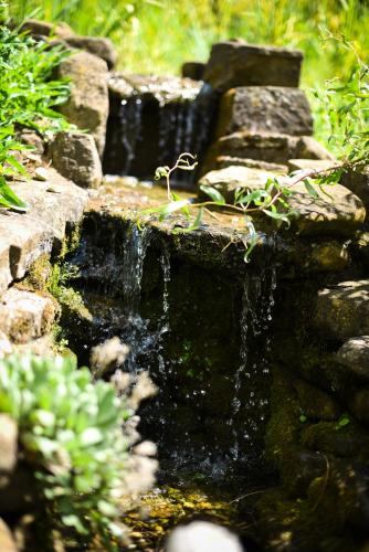 a water fountain in a garden with rocks and plants at Chalupa u Manišov in Laskár