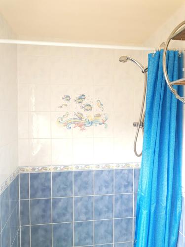 a bathroom with a shower with a blue shower curtain at Ingoldale House in Ingoldmells