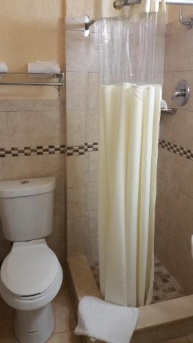 a bathroom with a toilet and a shower curtain at Palms Inn in Dania Beach