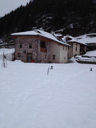 a building in the snow with two birds in front of it at Maso Toneto in Castello di Fiemme