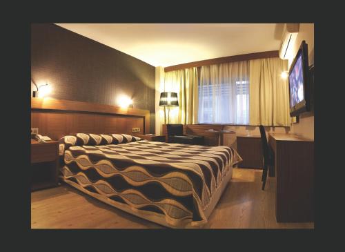 a hotel room with a bed and a desk and a television at Susuzlu Hotel in İzmir