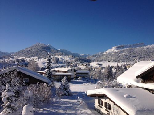 a snow covered city with mountains in the background at Gatterhof in Riezlern