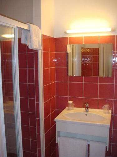 baño de azulejos rojos con lavabo y ducha en Auberge De Peyrebeille, en Lanarce